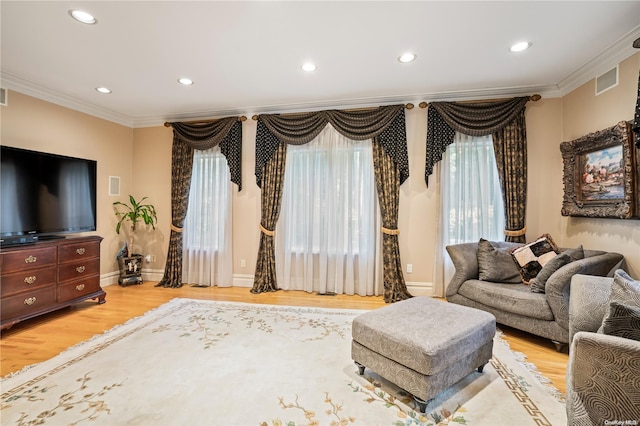 living room featuring crown molding and light wood-type flooring