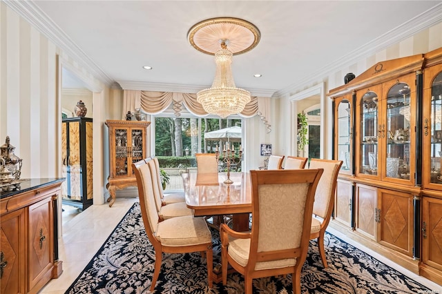 dining room with light tile patterned floors, a chandelier, and ornamental molding