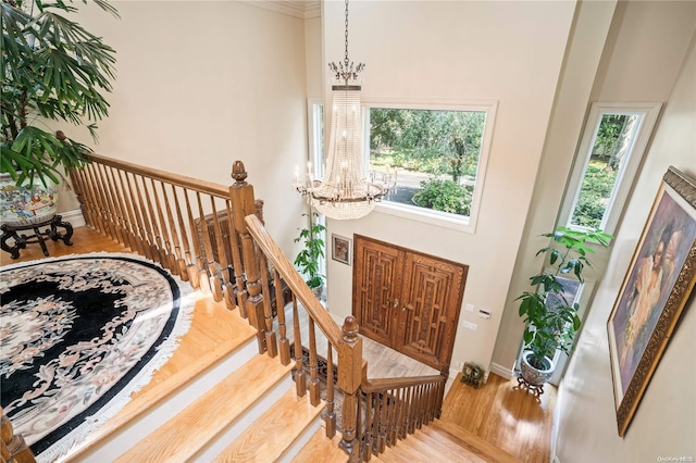 foyer entrance featuring a high ceiling, light wood-type flooring, and an inviting chandelier