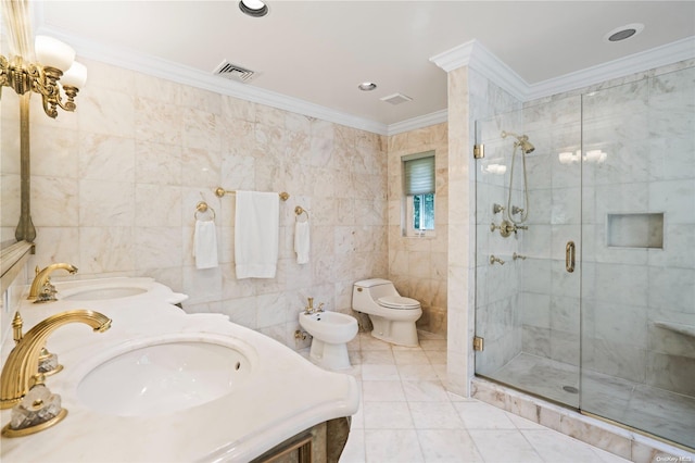 bathroom featuring sink, crown molding, tile walls, and a bidet