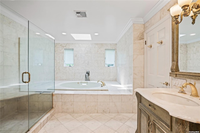 bathroom with crown molding, independent shower and bath, and a skylight