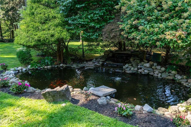 view of yard with a garden pond