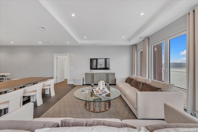 living room featuring wood-type flooring and a tray ceiling