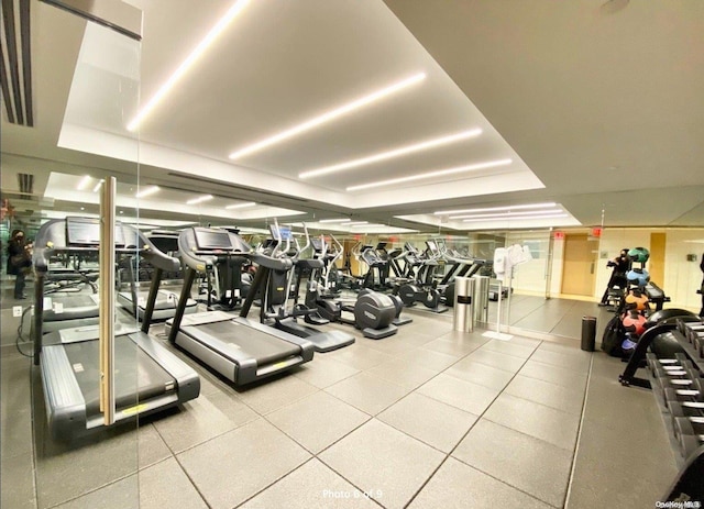 exercise room featuring a raised ceiling