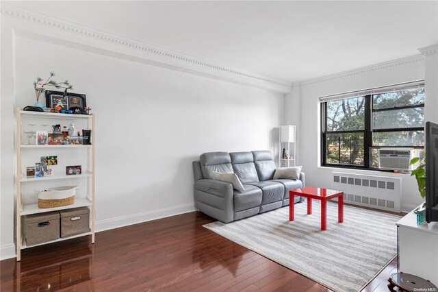 living room with crown molding, dark wood-type flooring, and radiator