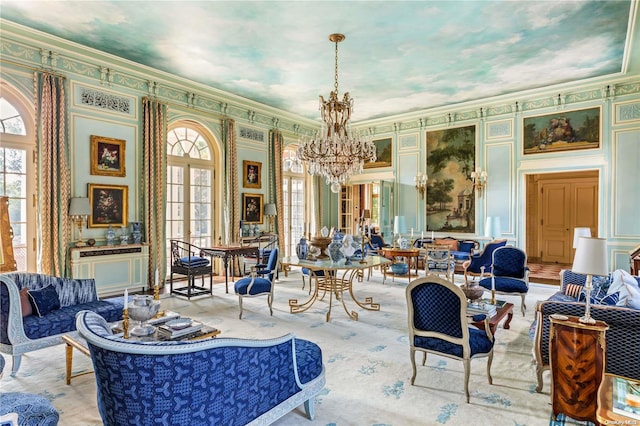 interior space featuring ornamental molding and a chandelier