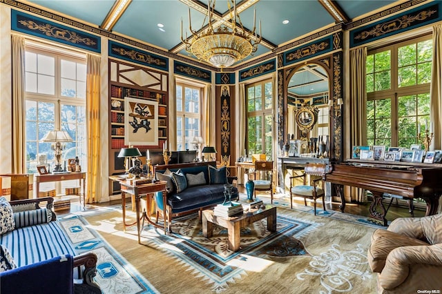 sitting room with a towering ceiling