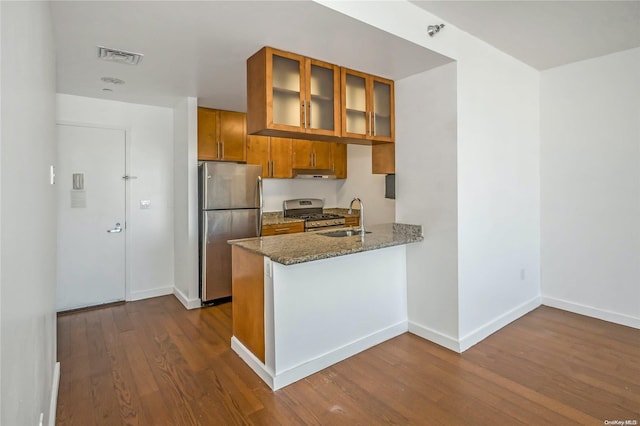 kitchen with kitchen peninsula, stainless steel appliances, sink, wood-type flooring, and stone countertops