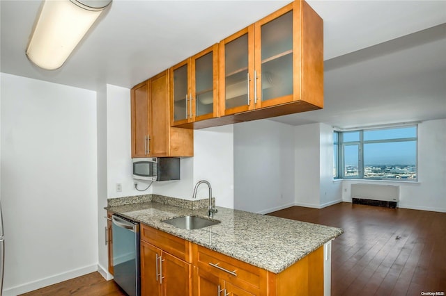 kitchen featuring sink, dark hardwood / wood-style floors, light stone countertops, appliances with stainless steel finishes, and radiator heating unit