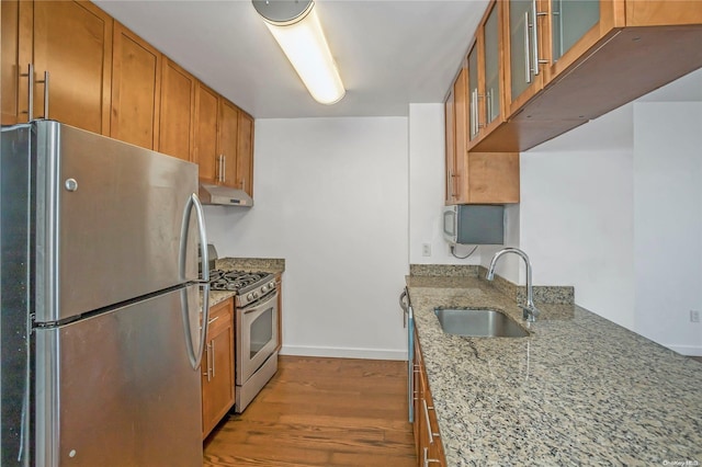 kitchen featuring light stone counters, sink, stainless steel appliances, and light hardwood / wood-style flooring