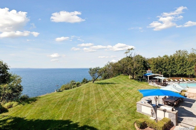 exterior space featuring a patio area, a water view, and a community pool