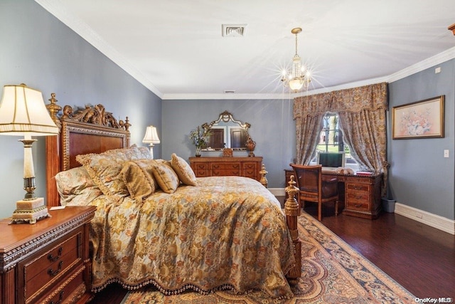 bedroom with dark hardwood / wood-style flooring, a notable chandelier, and ornamental molding