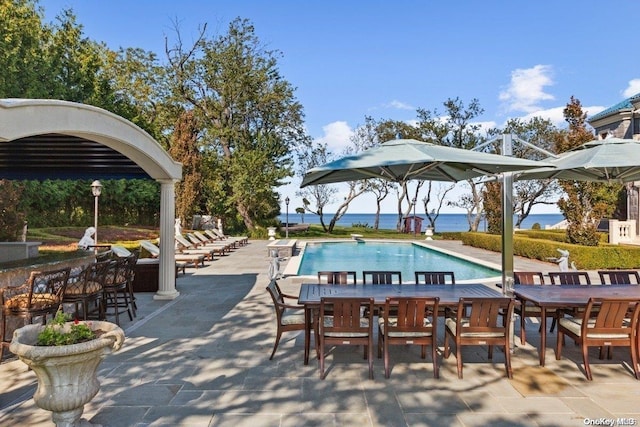 view of pool featuring a patio area and a water view