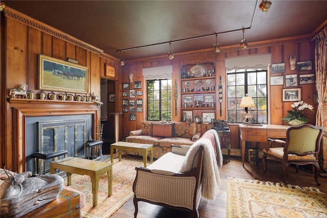 491 Muttontown Rd, Muttontown, NY 11791 - living room featuring rail lighting, wood-type flooring, a glass covered fireplace, wooden walls, and ornamental molding