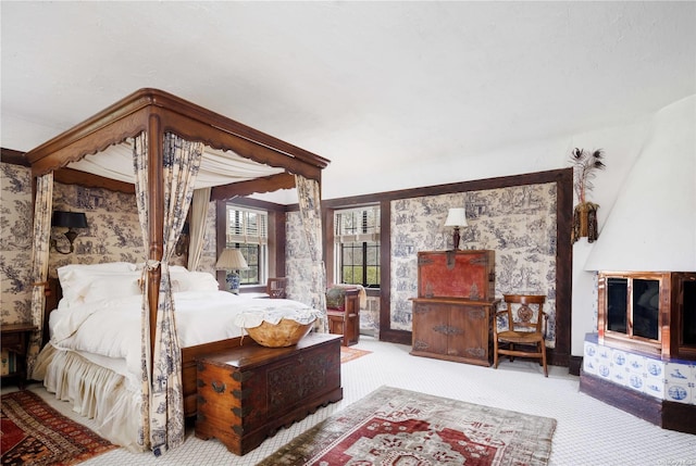 bedroom with light colored carpet