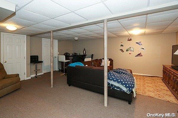 bedroom featuring carpet flooring and a paneled ceiling