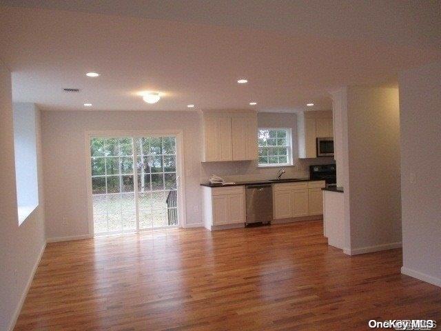 kitchen featuring wood-type flooring, stainless steel appliances, and plenty of natural light