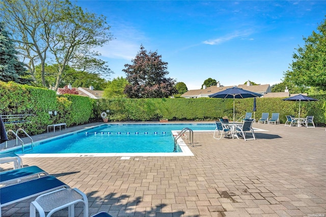 view of swimming pool with a patio