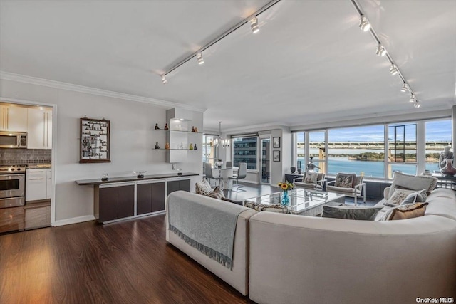 living room featuring a water view, dark wood-type flooring, track lighting, and ornamental molding