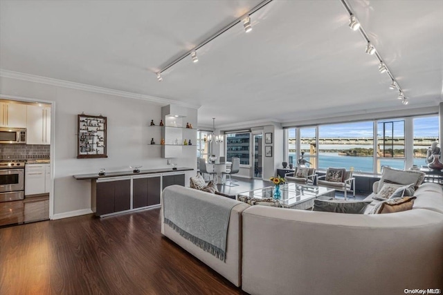 166-25 Powells Cove Blvd Unit 7H, Beechhurst, NY 11357 - living area with rail lighting, dark wood-style flooring, ornamental molding, a water view, and a chandelier