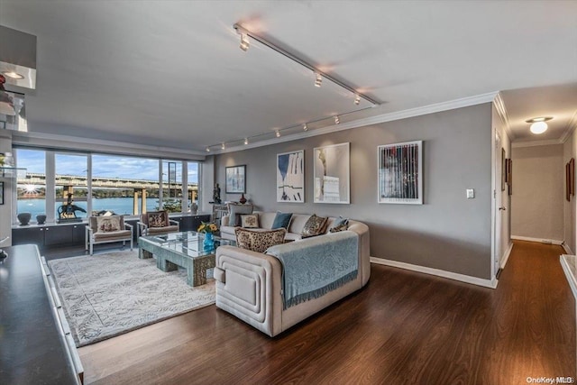 living room with dark hardwood / wood-style flooring, a water view, track lighting, and ornamental molding