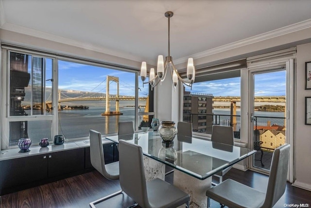 dining area with dark hardwood / wood-style flooring, ornamental molding, a water view, and a chandelier