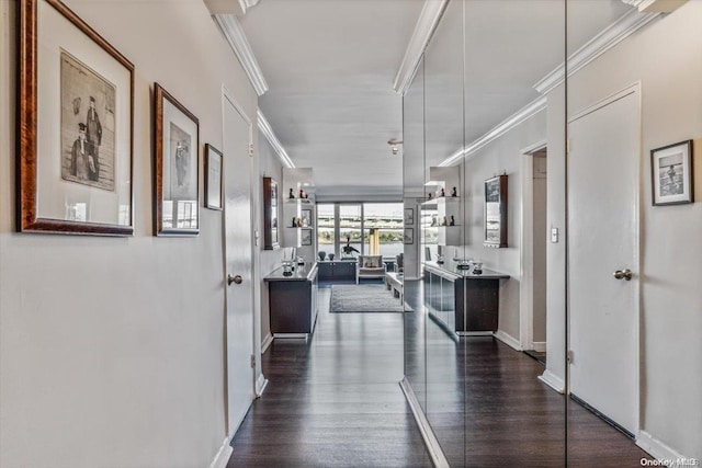 corridor featuring crown molding and dark hardwood / wood-style flooring