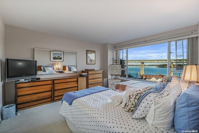 bedroom featuring a water view and light colored carpet