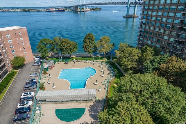 aerial view featuring a water view