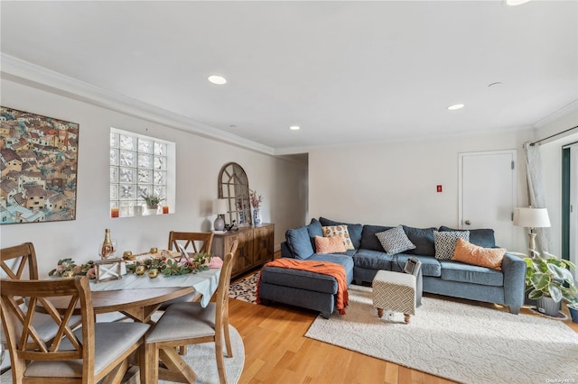 living room with ornamental molding and light hardwood / wood-style flooring