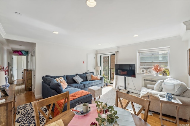 living room featuring wood-type flooring, ornamental molding, and a wall mounted AC