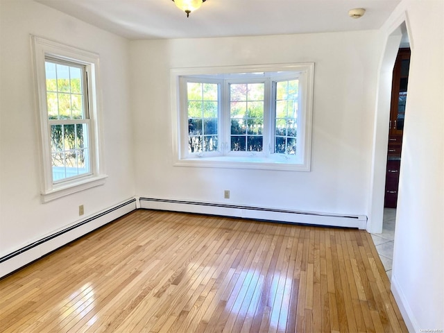 unfurnished room featuring light hardwood / wood-style floors and a baseboard radiator