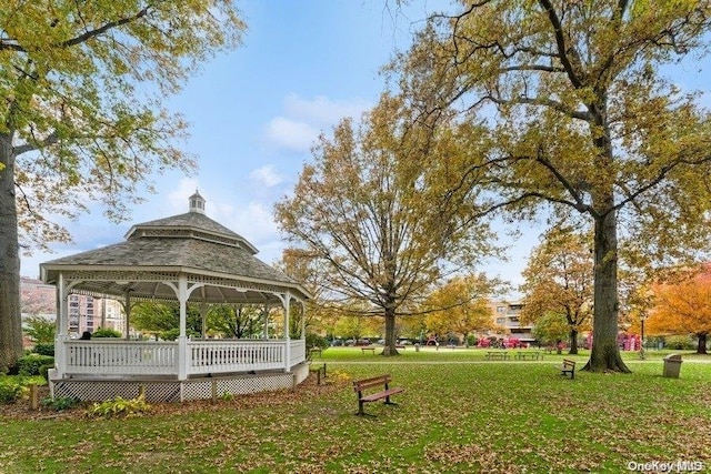 view of community featuring a gazebo and a yard