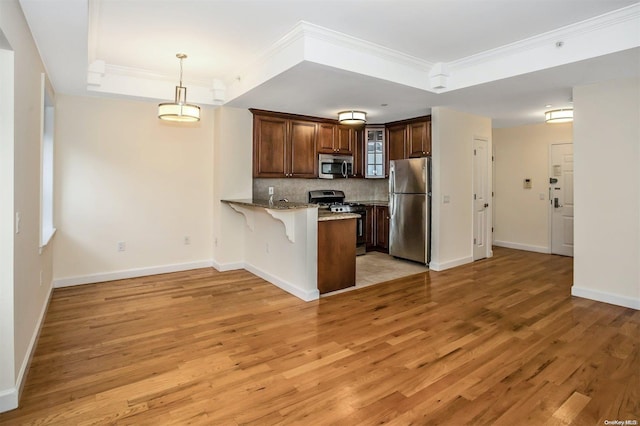 kitchen with stainless steel appliances, kitchen peninsula, a tray ceiling, light hardwood / wood-style floors, and a kitchen bar