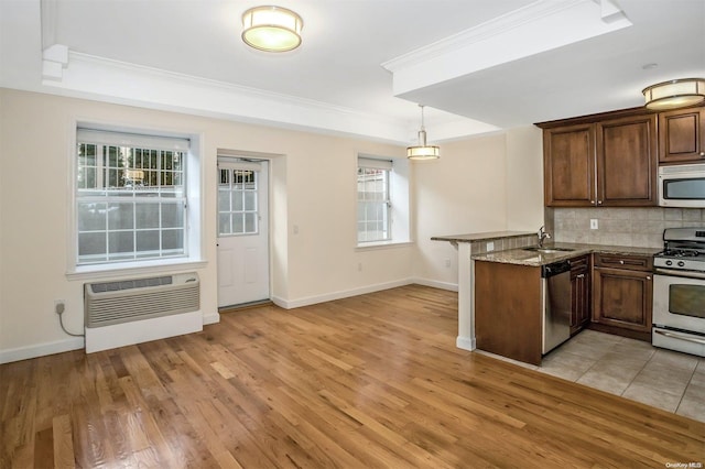 kitchen with kitchen peninsula, light wood-type flooring, stainless steel appliances, and a wealth of natural light