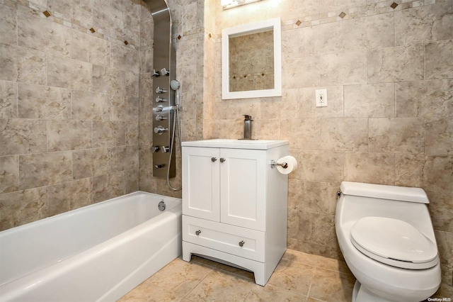 full bathroom with tile patterned flooring, tiled shower / bath combo, toilet, and tile walls