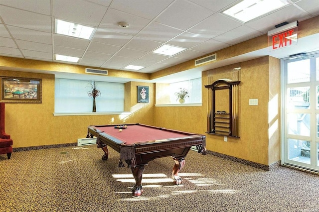 recreation room with carpet flooring, a paneled ceiling, and pool table