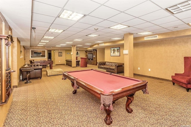 rec room featuring carpet flooring, a drop ceiling, and billiards