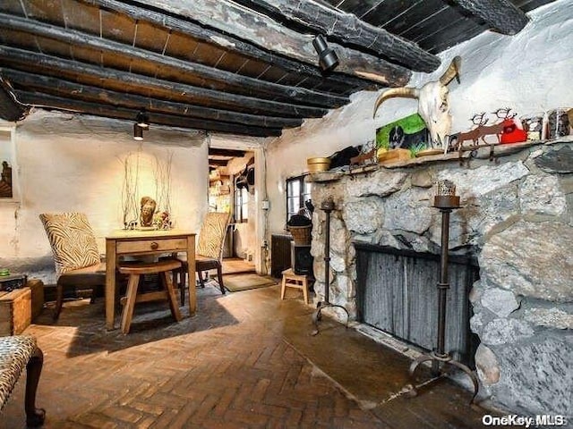 143 Piping Rock Rd, Locust Valley, NY 11560 - dining space with beamed ceiling
