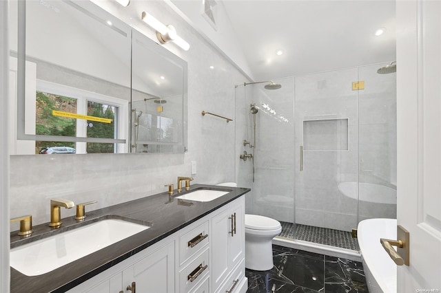 bathroom with backsplash, an enclosed shower, vaulted ceiling, toilet, and vanity