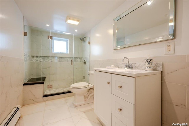 bathroom featuring vanity, a shower with door, toilet, tile walls, and a baseboard radiator