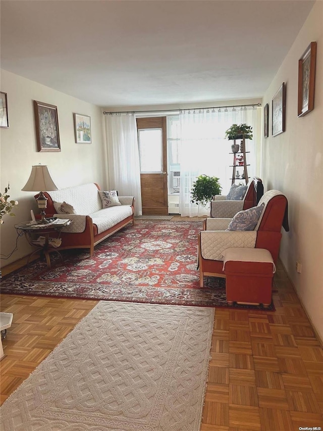 living room with parquet floors