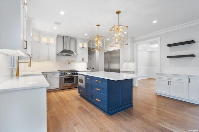 kitchen with sink, wall chimney range hood, premium appliances, blue cabinets, and white cabinets