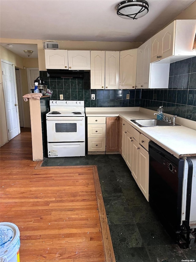 kitchen featuring white cabinets, dishwasher, white electric range, and sink