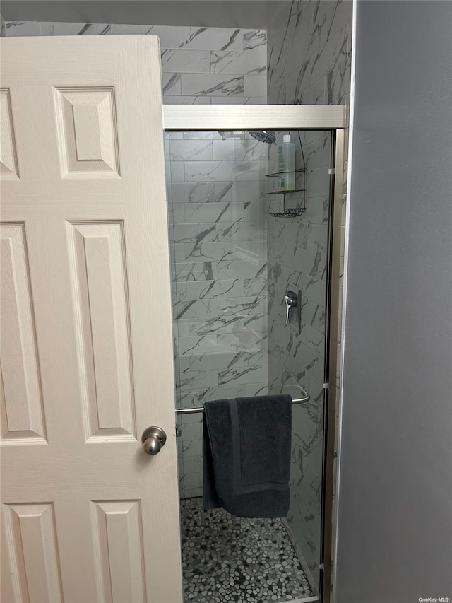 bathroom featuring a shower with door