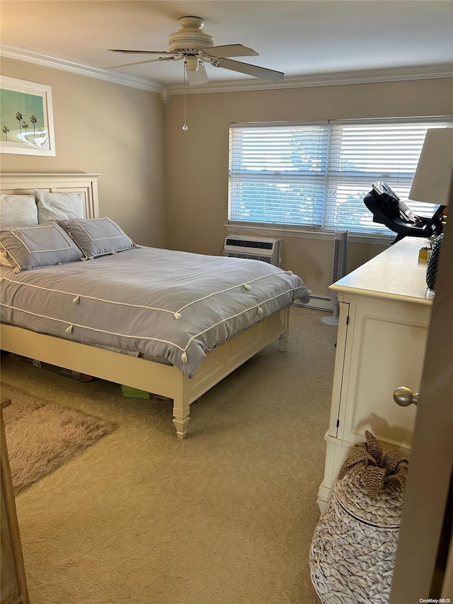 carpeted bedroom with a wall unit AC, ceiling fan, and ornamental molding