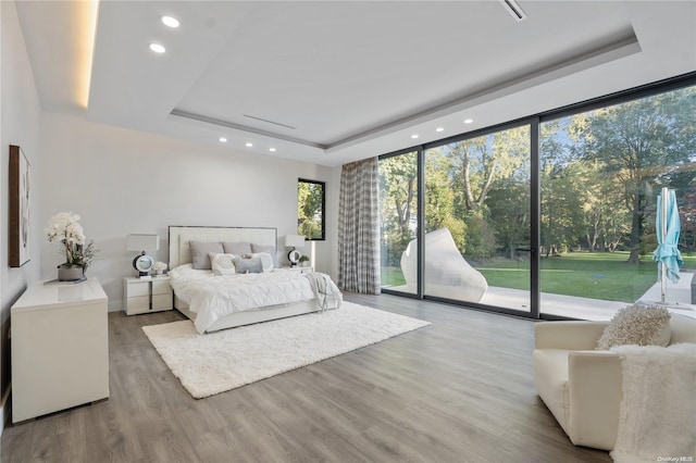 bedroom featuring access to exterior, light hardwood / wood-style flooring, and a raised ceiling