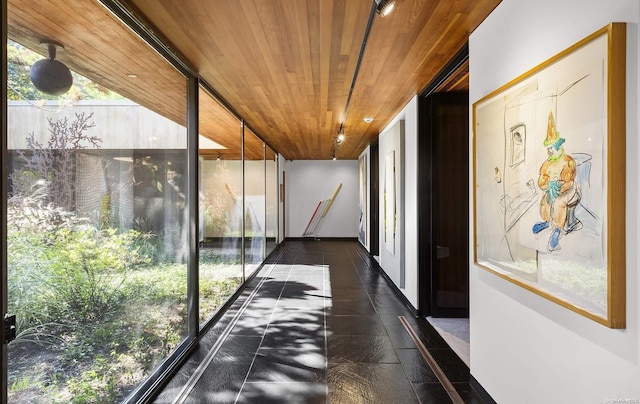 hallway with wood ceiling