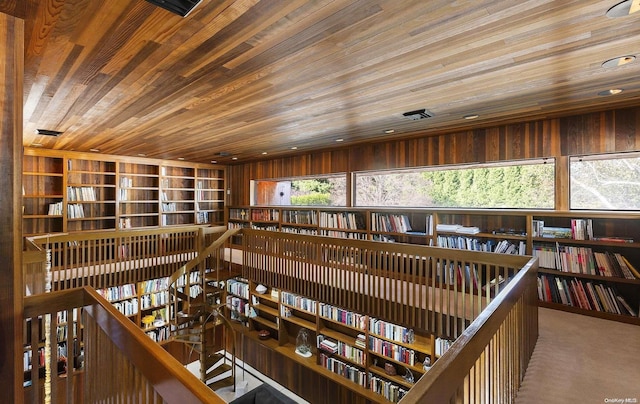 interior space with carpet, a healthy amount of sunlight, and wood ceiling