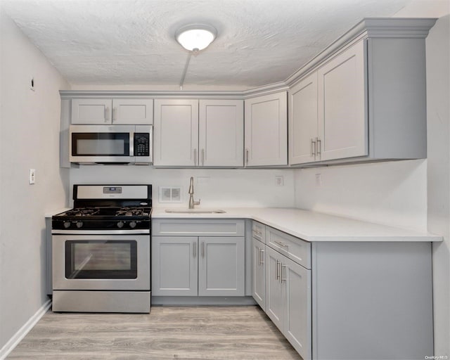222 Smith St Unit 3C, Freeport, NY 11520 - kitchen featuring stainless steel appliances, gray cabinetry, a sink, light wood-style flooring, and light countertops
